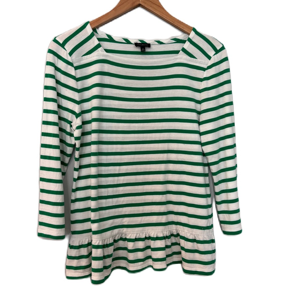 Talbots Green and White Striped Peplum Hem Square Neckline Top Size M - Picture 2 of 5